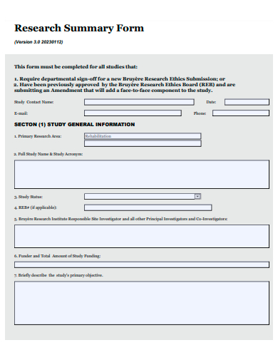 research summary form template