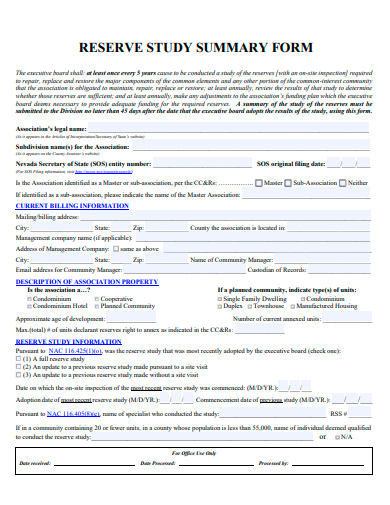 reserve study summary form template