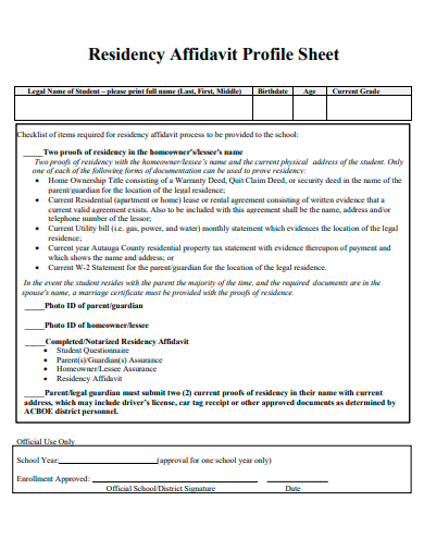 residency affidavit profile sheet template