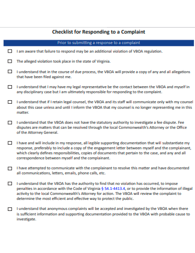 responding complaint checklist template