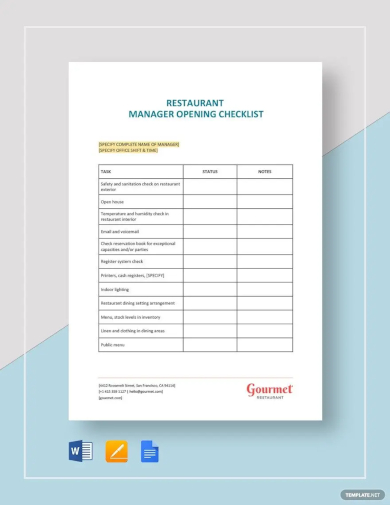 restaurant manager opening checklist template