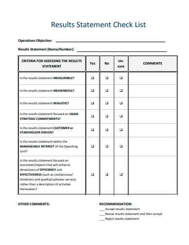 results statement checklist template