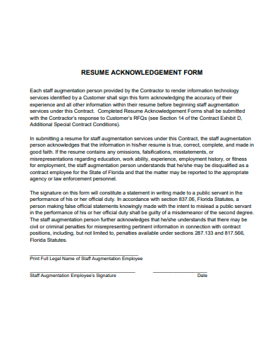 resume acknowledgement form template