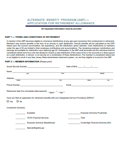 retirement allowance application template