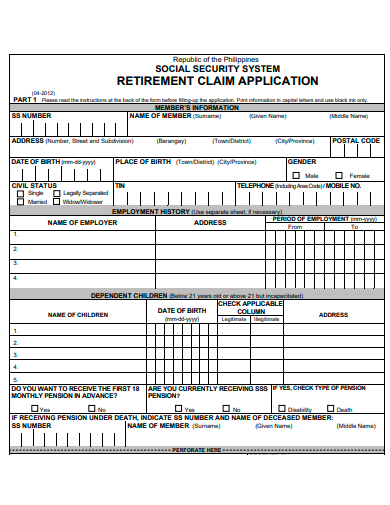 retirement claim application template
