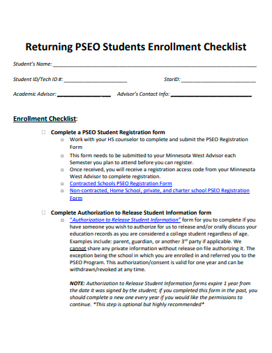 returning student enrollment checklist template