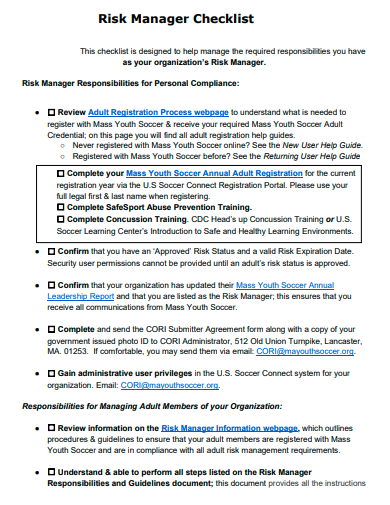 risk manager checklist template