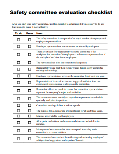 safety committee evaluation checklist template