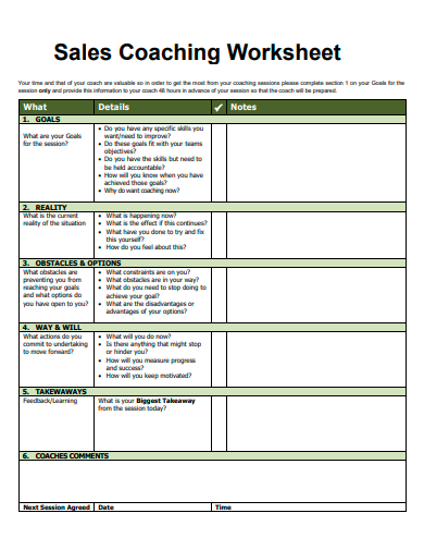 sales coaching worksheet template
