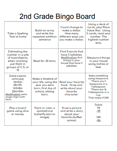 sample 2nd grade bingo board template