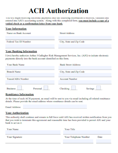 sample ach authorization template