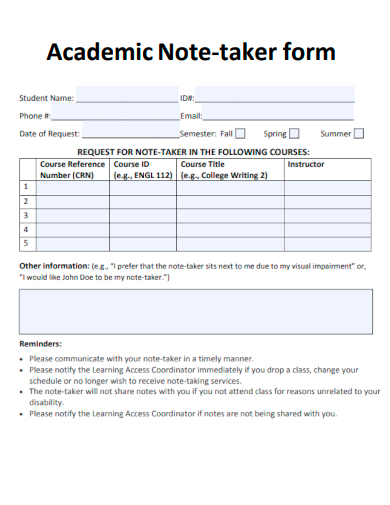 sample academic note taker form template