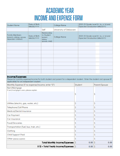 sample academic year income and expense form template