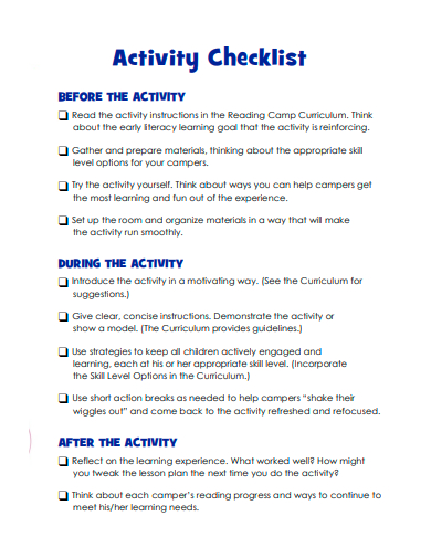 sample activity checklist template