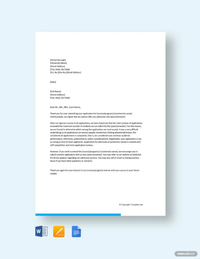 sample admission application rejection letter template