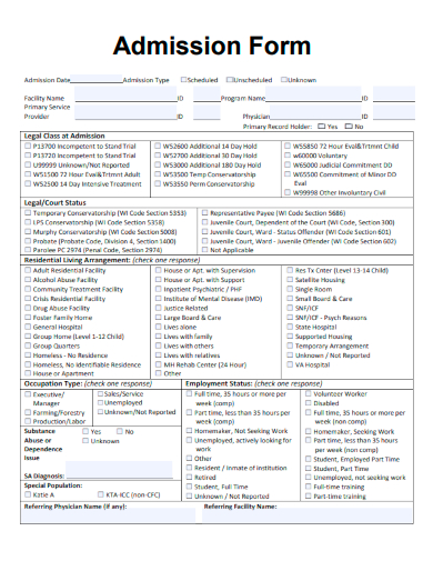 sample admission blank form template