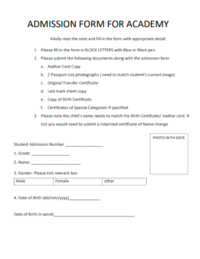 sample admission form for academy template