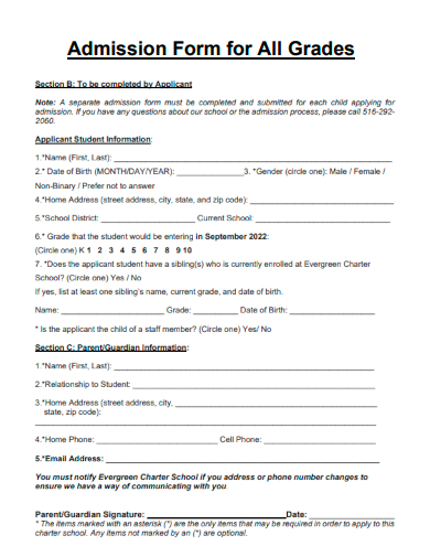 sample admission form for all grades template
