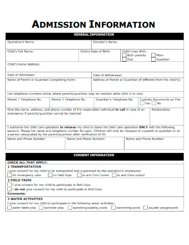 sample admission information form template