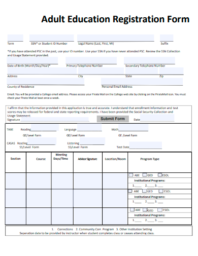 sample adult education registration form template