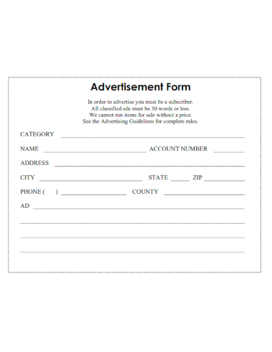 sample advertisement form template