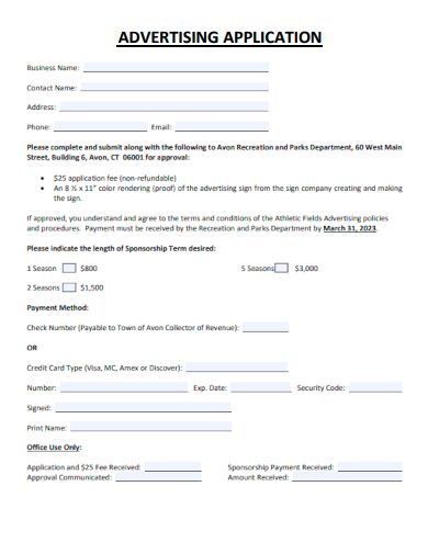 sample advertising application form template
