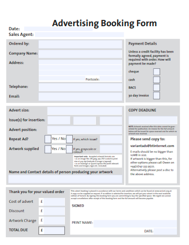 sample advertising booking form template