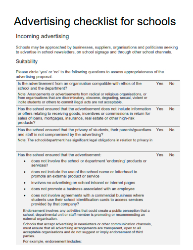 sample advertising checklist for schools template
