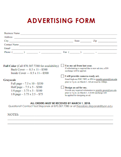 sample advertising editable form template