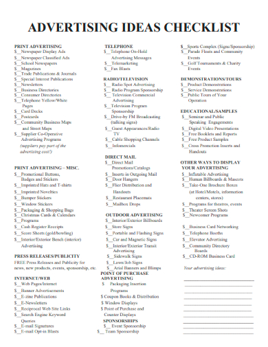 sample advertising ideas checklist template