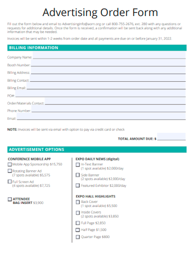 sample advertising order form template
