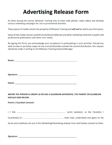 sample advertising release form template