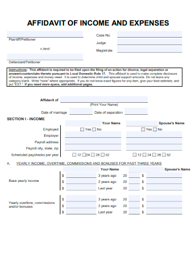 sample affidavit of income and expense form template