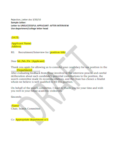 sample after interview application rejection letter template