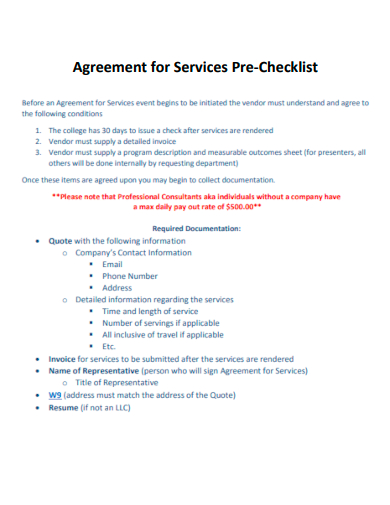 sample agreement for services pre checklist template
