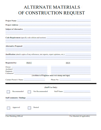sample alternate materials of construction request form template