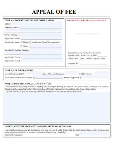 sample appeal of fee form template