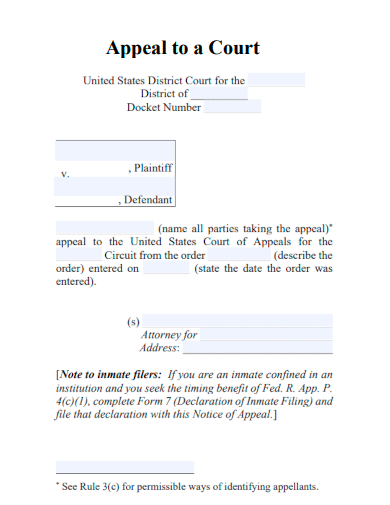 sample appeal to a court form template