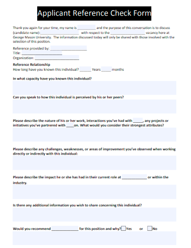 sample applicant reference check form template
