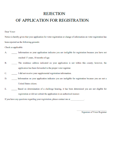 sample application registration rejection letter template