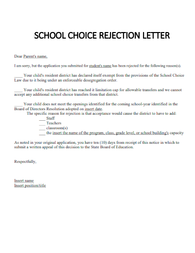 sample application school choice rejection letter template