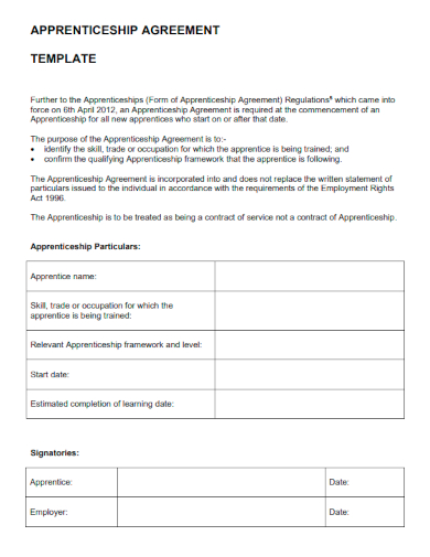 sample apprenticeship agreement form template