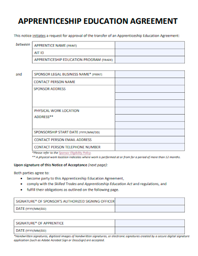 sample apprenticeship education agreement template