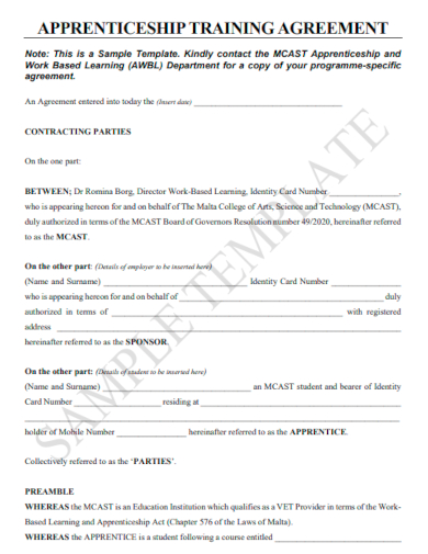 sample apprenticeship training agreement template