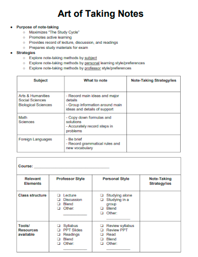 sample art of taking notes form template