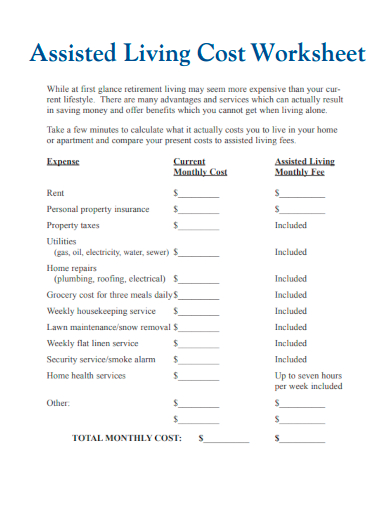 sample assisted living cost worksheet template