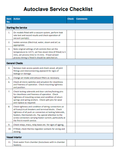 sample autoclave service checklist template