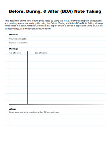 sample bda note taking form template
