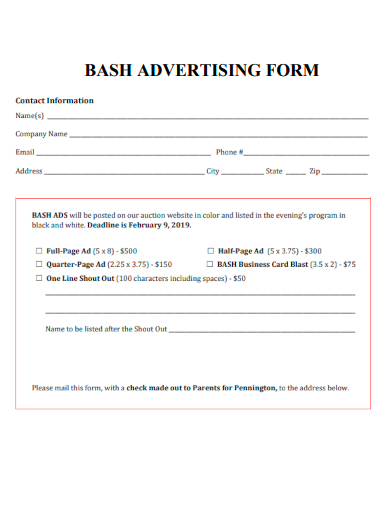sample bash advertising form template