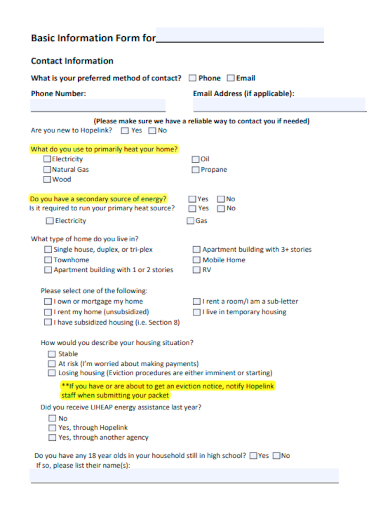 sample basic information form template